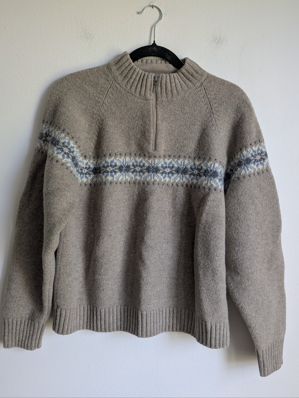 Woolrich Lambswool Fleece Lined Quarter Zip Sweater In Beige & Blue Fair Isle XL